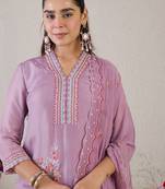 Floral Embroidered V Neck Organza Kurta With Trousers & Dupatta