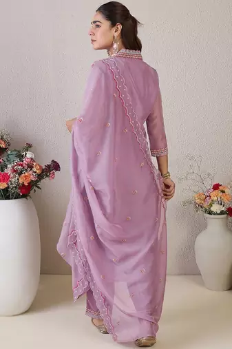 Floral Embroidered V Neck Organza Kurta With Trousers & Dupatta