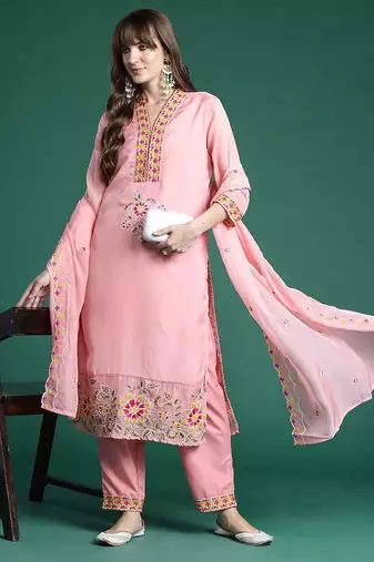 Floral Embroidered Regular Sequinned Kurta with Trousers & Dupatta