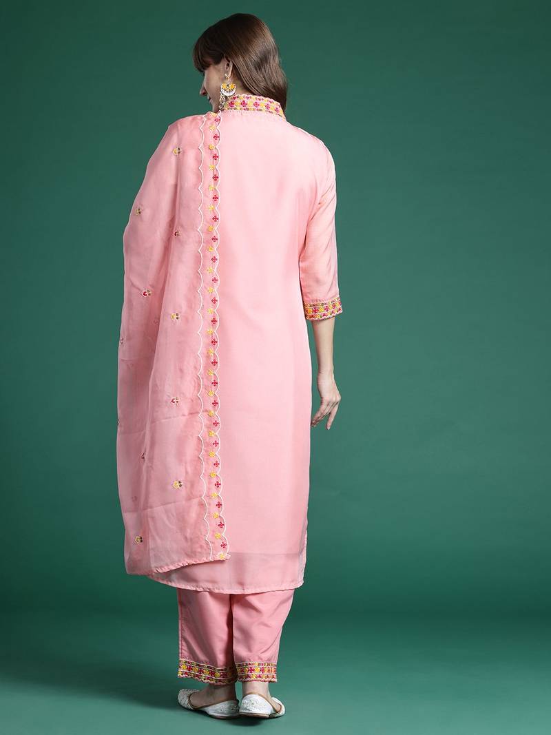 Floral Embroidered Regular Sequinned Kurta with Trousers & Dupatta