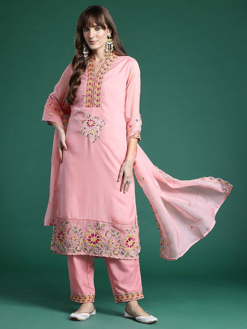 Floral Embroidered Regular Sequinned Kurta with Trousers & Dupatta