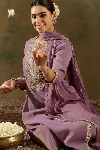 Floral Embroidered Embellished Straight Kurta with Trouser And Dupatta