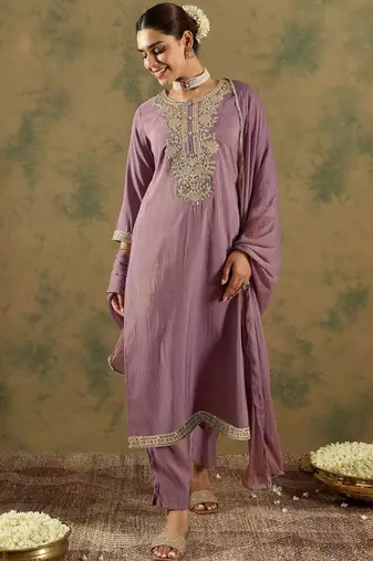 Floral Embroidered Embellished Straight Kurta with Trouser And Dupatta