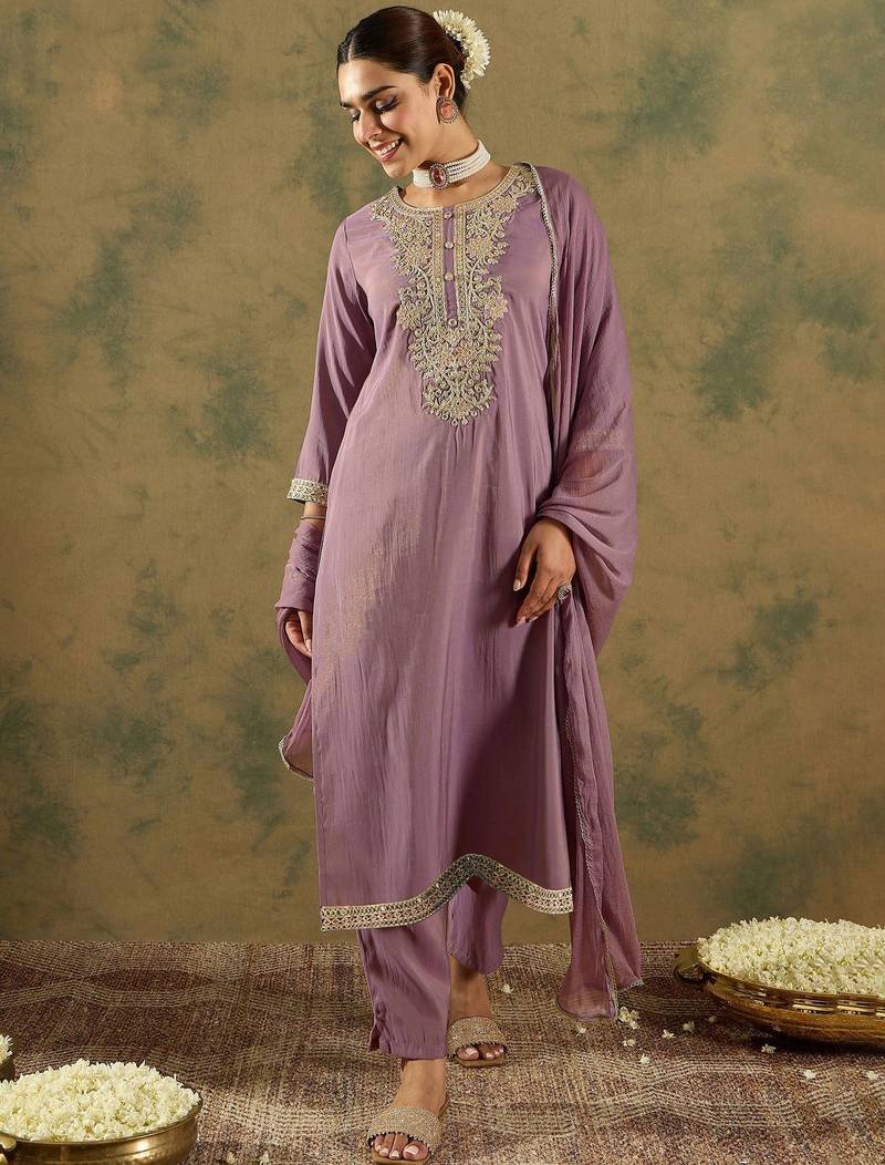 Floral Embroidered Embellished Straight Kurta with Trouser And Dupatta