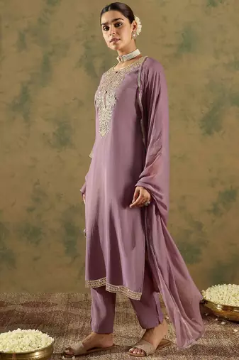 Floral Embroidered Embellished Straight Kurta with Trouser And Dupatta