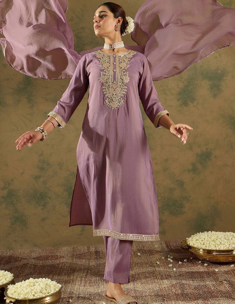 Floral Embroidered Embellished Straight Kurta with Trouser And Dupatta