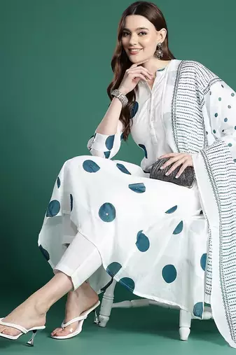 Printed Panelled Sequinned Pure Cotton Kurta with Trousers & With Dupatta