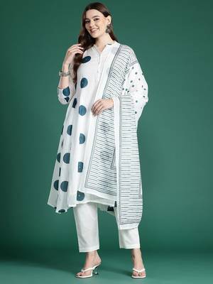 Printed Panelled Sequinned Pure Cotton Kurta with Trousers & With Dupatta 7