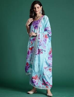 Floral Embroidered Empire Thread Work Kurta With Trousers & Dupatta 1