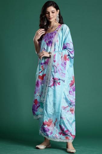 Floral Embroidered Empire Thread Work Kurta With Trousers & Dupatta