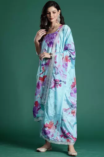 Floral Embroidered Empire Thread Work Kurta With Trousers & Dupatta