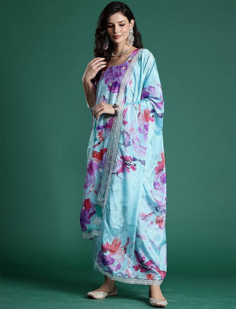 Floral Embroidered Empire Thread Work Kurta With Trousers & Dupatta