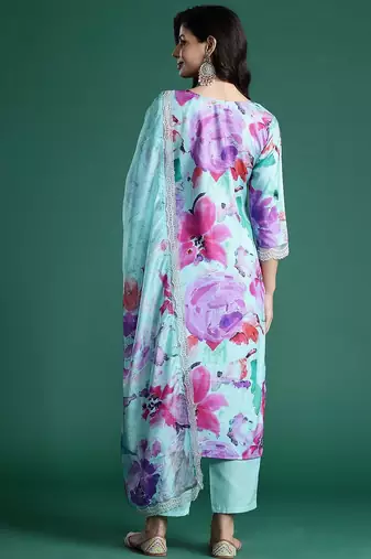 Floral Embroidered Empire Thread Work Kurta With Trousers & Dupatta
