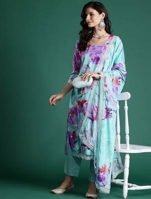 Floral Embroidered Empire Thread Work Kurta With Trousers & Dupatta 6