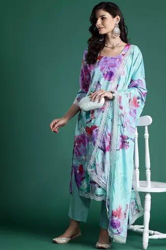 Floral Embroidered Empire Thread Work Kurta With Trousers & Dupatta