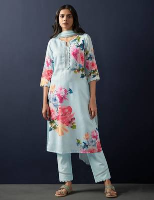 Floral Printed Mirror Work Linen Kurta With Trousers & Dupatta 1