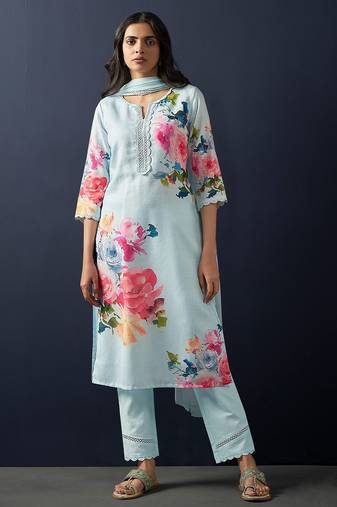 Floral Printed Mirror Work Linen Kurta With Trousers & Dupatta