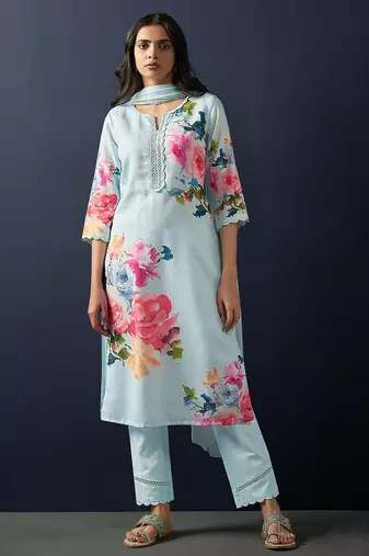 Floral Printed Mirror Work Linen Kurta With Trousers & Dupatta