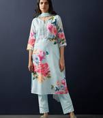 Floral Printed Mirror Work Linen Kurta With Trousers & Dupatta