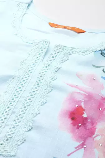 Floral Printed Mirror Work Linen Kurta With Trousers & Dupatta