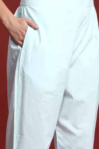 Floral Printed Mirror Work Linen Kurta With Trousers & Dupatta