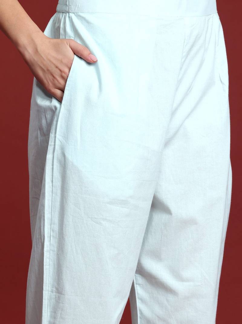 Floral Printed Mirror Work Linen Kurta With Trousers & Dupatta