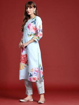Floral Printed Mirror Work Linen Kurta With Trousers & Dupatta 5
