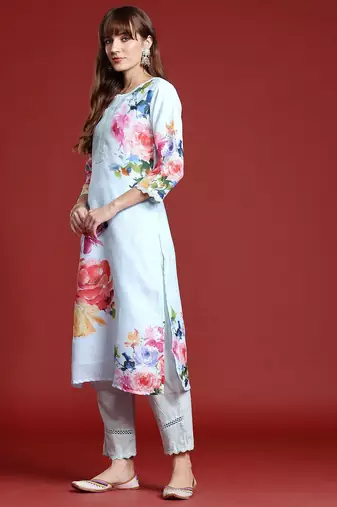 Floral Printed Mirror Work Linen Kurta With Trousers & Dupatta