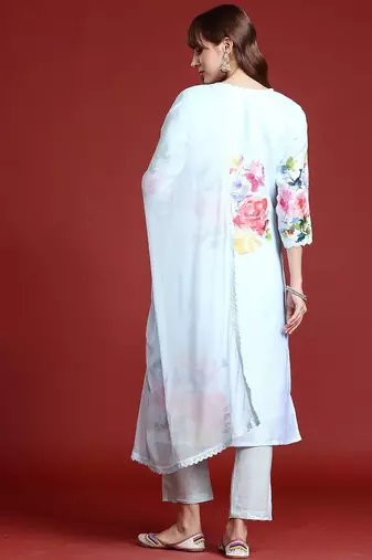 Floral Printed Mirror Work Linen Kurta With Trousers & Dupatta