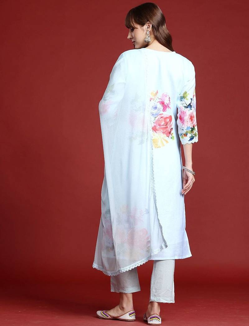 Floral Printed Mirror Work Linen Kurta With Trousers & Dupatta