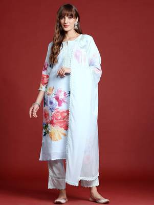 Floral Printed Mirror Work Linen Kurta With Trousers & Dupatta 7