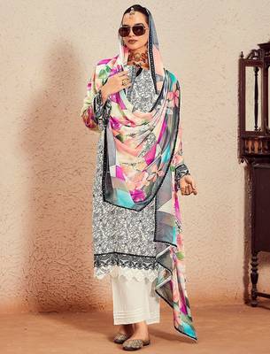 Women Floral Printed Regular Thread Work Kurta with Trousers & With Dupatta 1