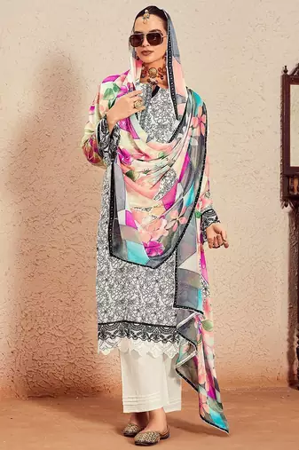 Women Floral Printed Regular Thread Work Kurta with Trousers & With Dupatta