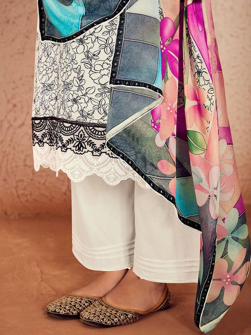 Women Floral Printed Regular Thread Work Kurta with Trousers & With Dupatta