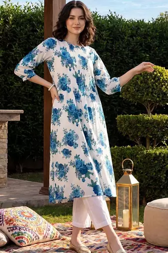 Women Floral Printed Pleated Pure Cotton Kurta with Trousers