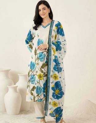 Women Floral Printed Regular Pure Cotton Kurta with Trousers & With Dupatta 1