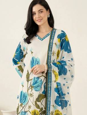Women Floral Printed Regular Pure Cotton Kurta with Trousers & With Dupatta 5