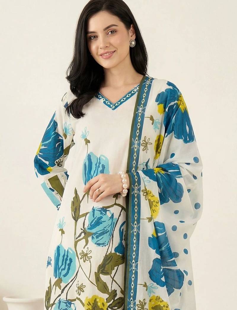 Women Floral Printed Regular Pure Cotton Kurta with Trousers & With Dupatta