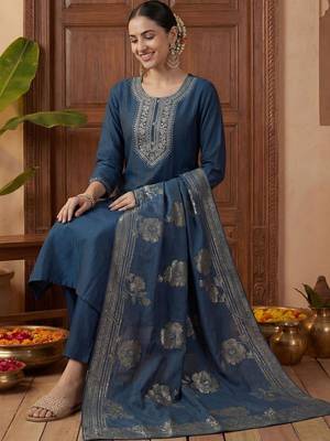 Women Ethnic Motifs Embroidered Regular Kurta with Trousers & With Dupatta 5