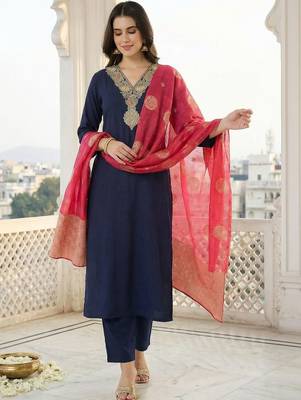 Women Ethnic Motifs Embroidered Regular Kurta with Trousers & With Dupatta 1