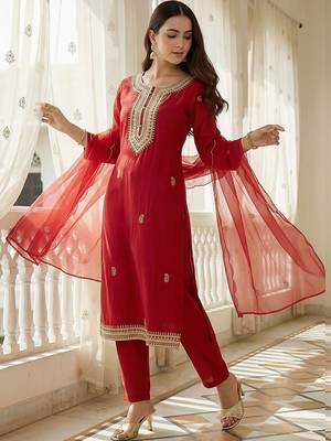 Women Ethnic Motifs Embroidered Regular Kurta with Trousers & With Dupatta 1