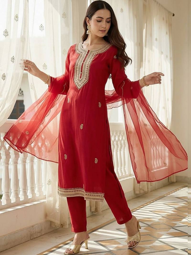 Women Ethnic Motifs Embroidered Regular Kurta with Trousers & With Dupatta