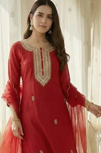 Women Ethnic Motifs Embroidered Regular Kurta with Trousers & With Dupatta