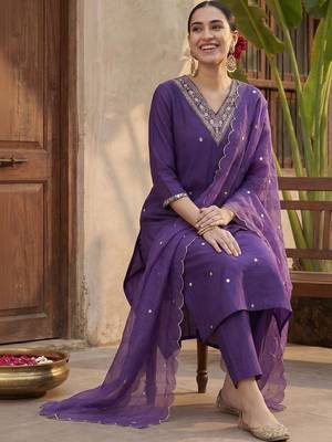 Women Ethnic Motifs Embroidered Regular Kurta with Trousers & With Dupatta 1