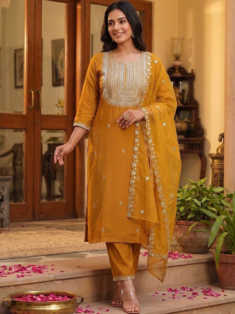 Women Ethnic Motifs Embroidered Regular Kurta with Trousers & With Dupatta