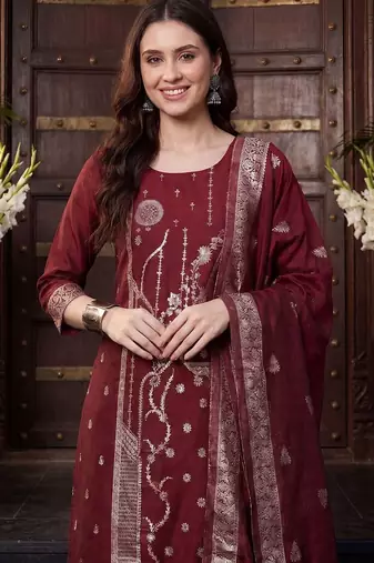 Women Ethnic Motifs Regular Kurta with Trousers & With Dupatta
