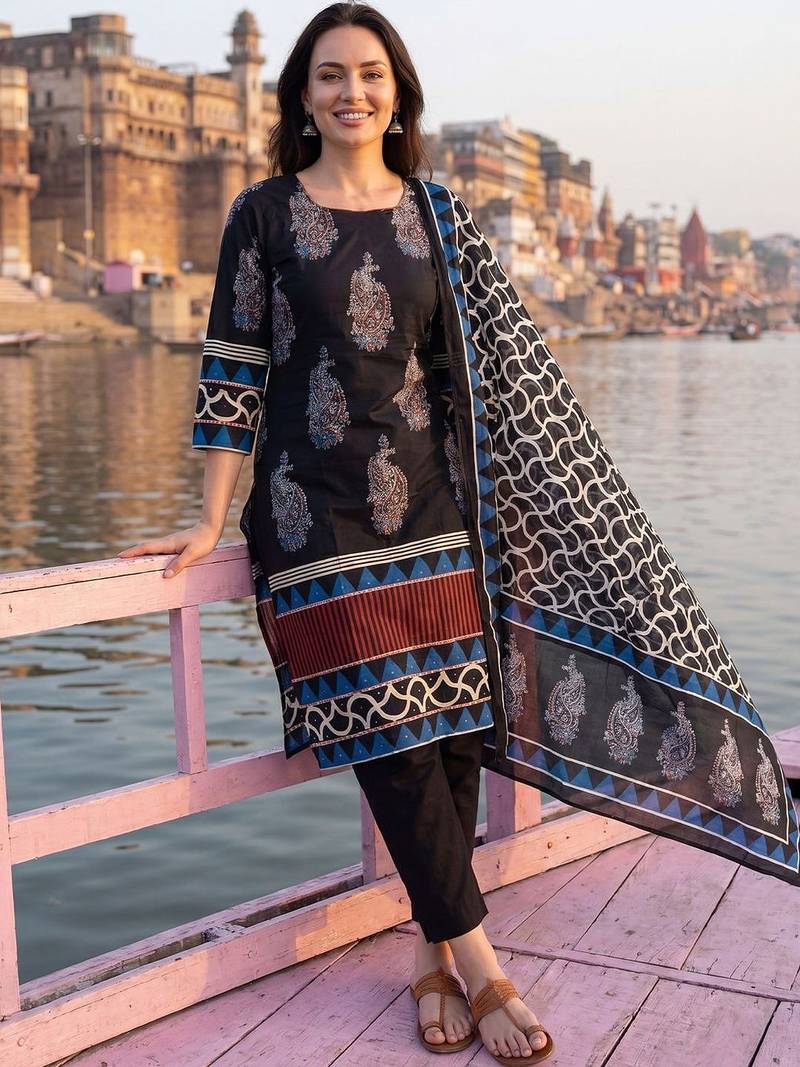Women Ethnic Motifs Printed Regular Pure Cotton Kurta with Trousers & With Dupatta