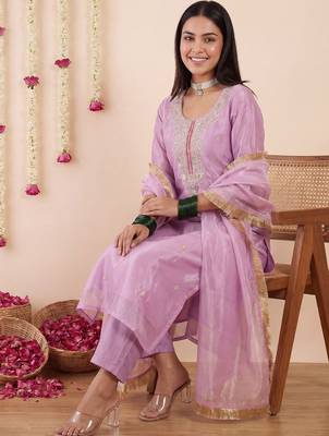 Women Ethnic Motifs Embroidered Regular Thread Work Kurta with Trousers & With Dupatta 1