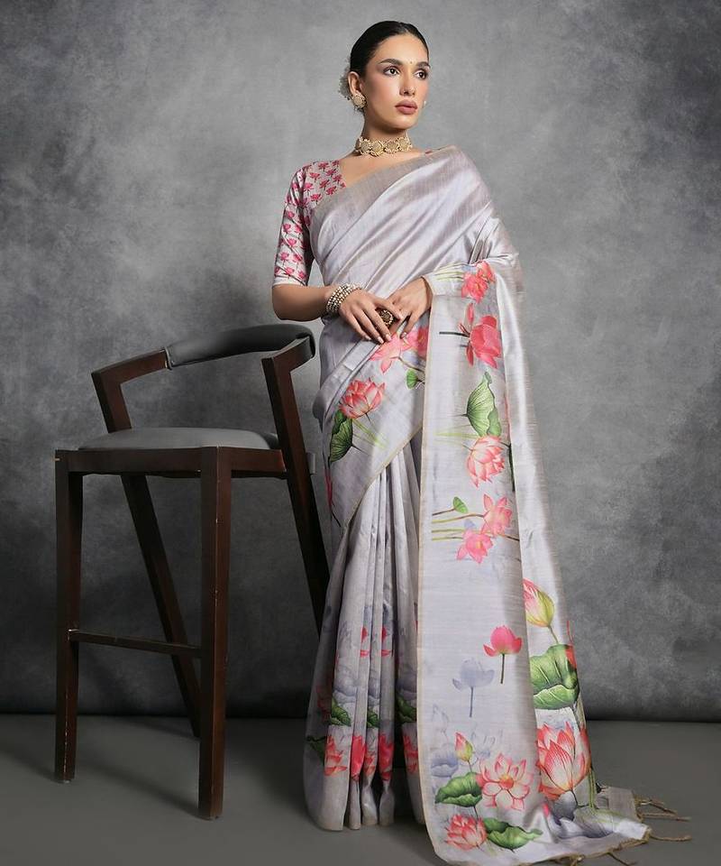Floral Zari Silk Cotton Tussar Saree