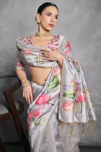 Floral Zari Silk Cotton Tussar Saree